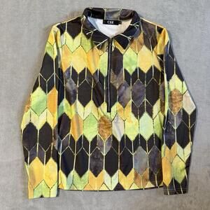 CBR Women’s Zip Up Long Sleeve Top L Retro Geometric Pattern Stretch Shirt Y2K